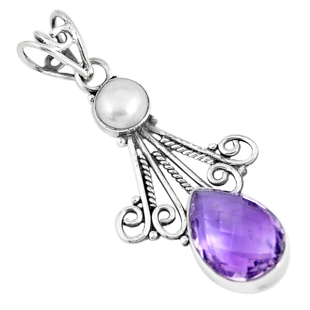 925 sterling silver 6.43cts natural purple amethyst pearl pendant jewelry p7724