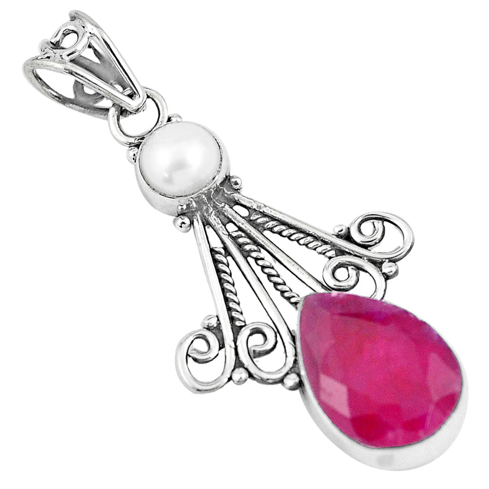 5.90cts natural red ruby white pearl 925 sterling silver pendant jewelry p7728