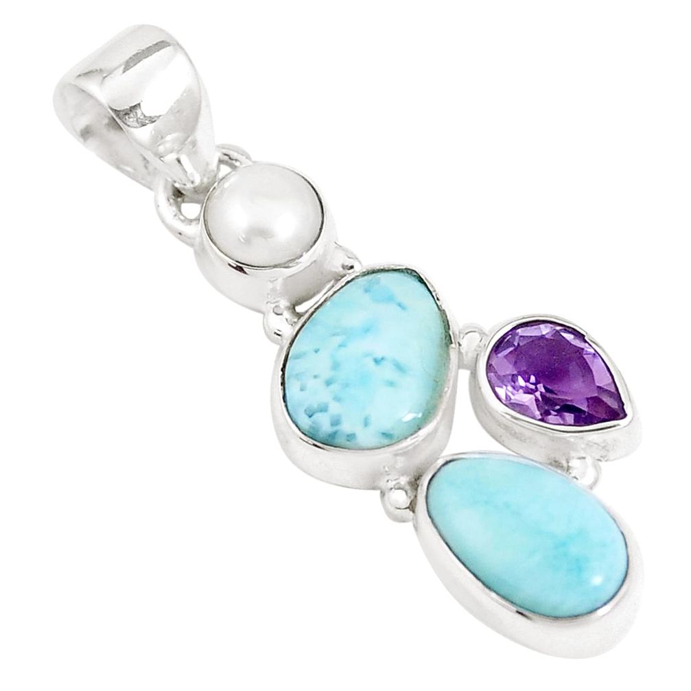 8.91cts natural blue larimar amethyst pearl 925 sterling silver pendant p7755