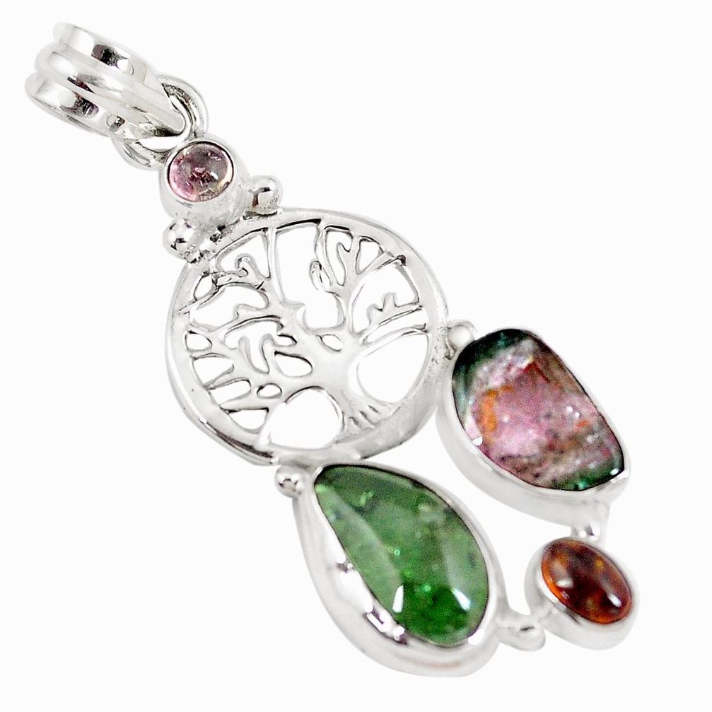 9.39cts natural multi color tourmaline 925 silver tree of life pendant p8397