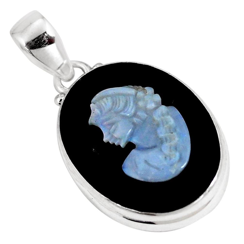 16.20cts natural black opal cameo on black onyx oval 925 silver pendant p8947