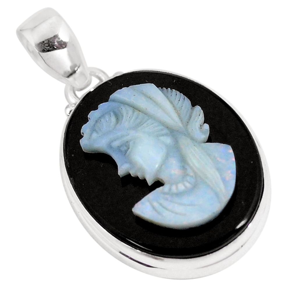 17.93cts natural black opal cameo on black onyx 925 silver pendant p8949