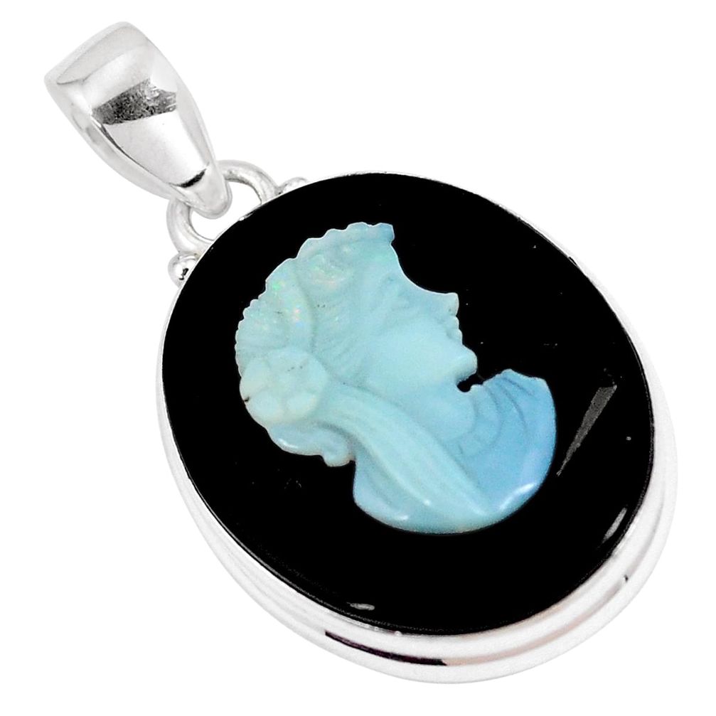 17.57cts natural black opal cameo on black onyx 925 silver pendant p8953