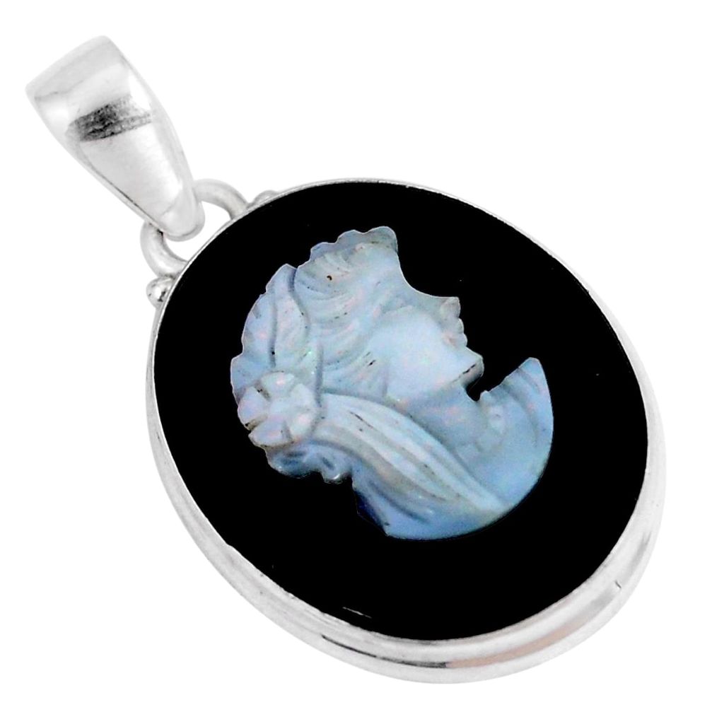 16.73cts natural black opal cameo on black onyx 925 silver pendant p8958