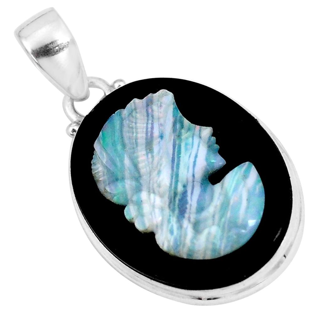 16.65cts natural black opal cameo on black onyx 925 silver pendant p8960
