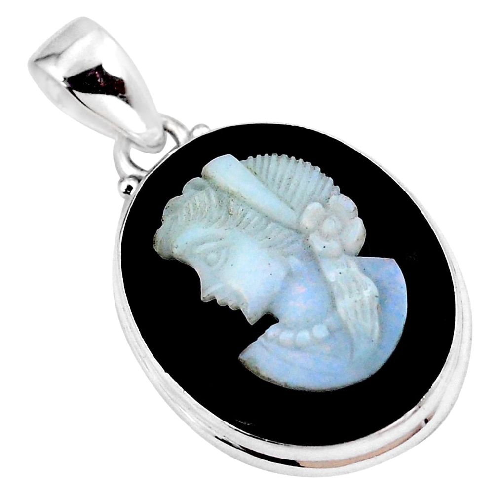 925 silver 18.20cts natural black opal cameo on black onyx pendant p8971