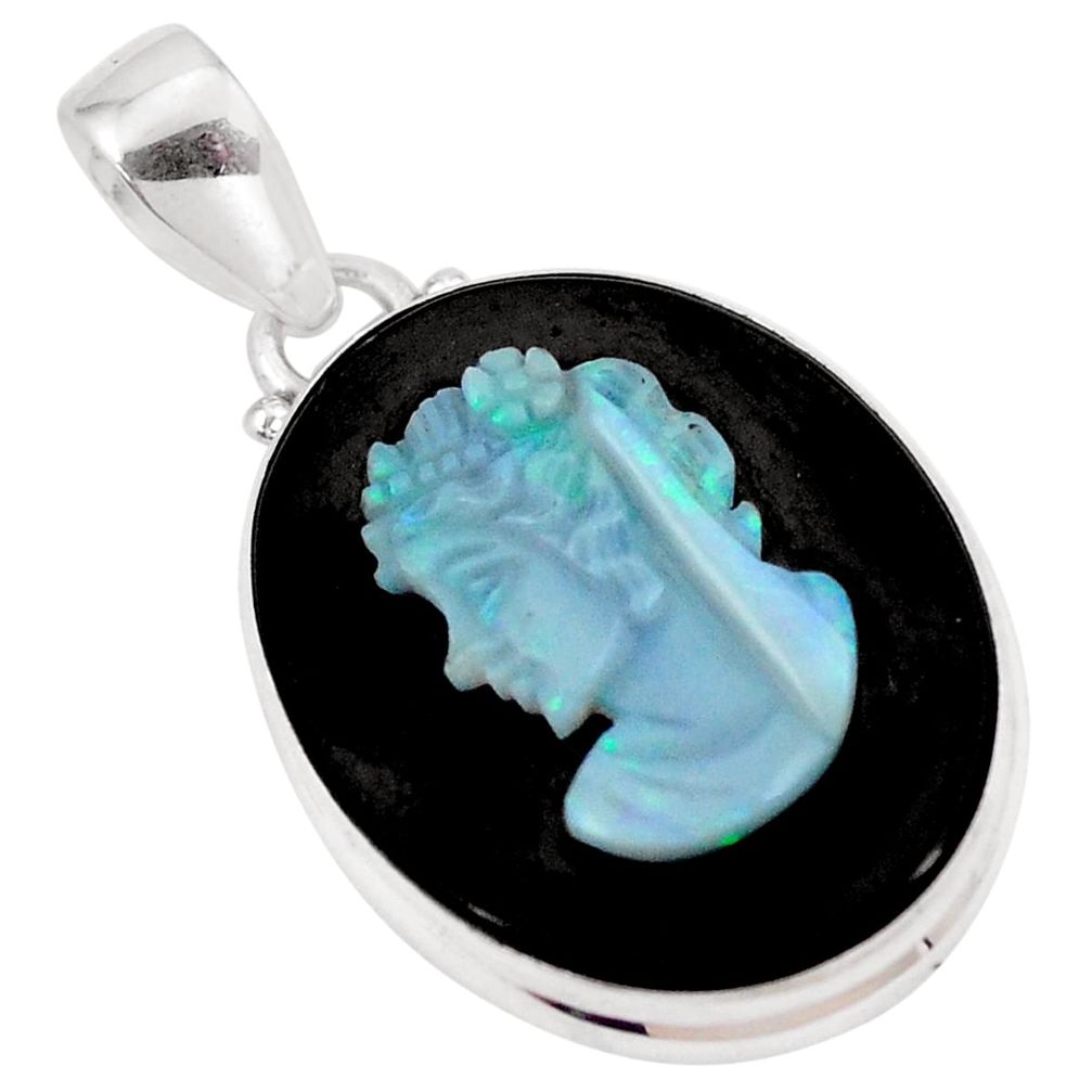 15.58cts natural black opal cameo on black onyx 925 silver pendant p8978