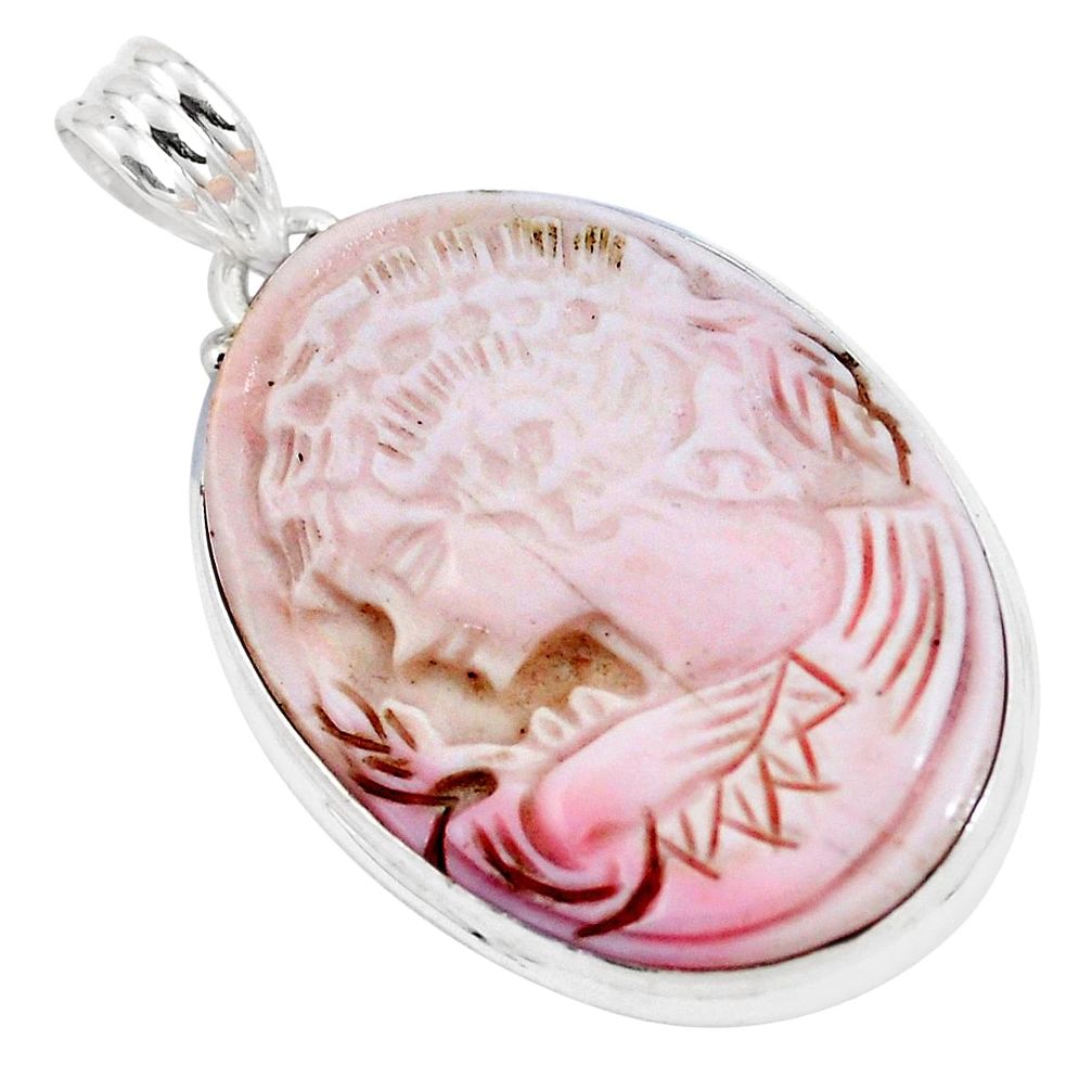 925 sterling silver 27.05cts natural pink cameo on shell oval pendant p9305