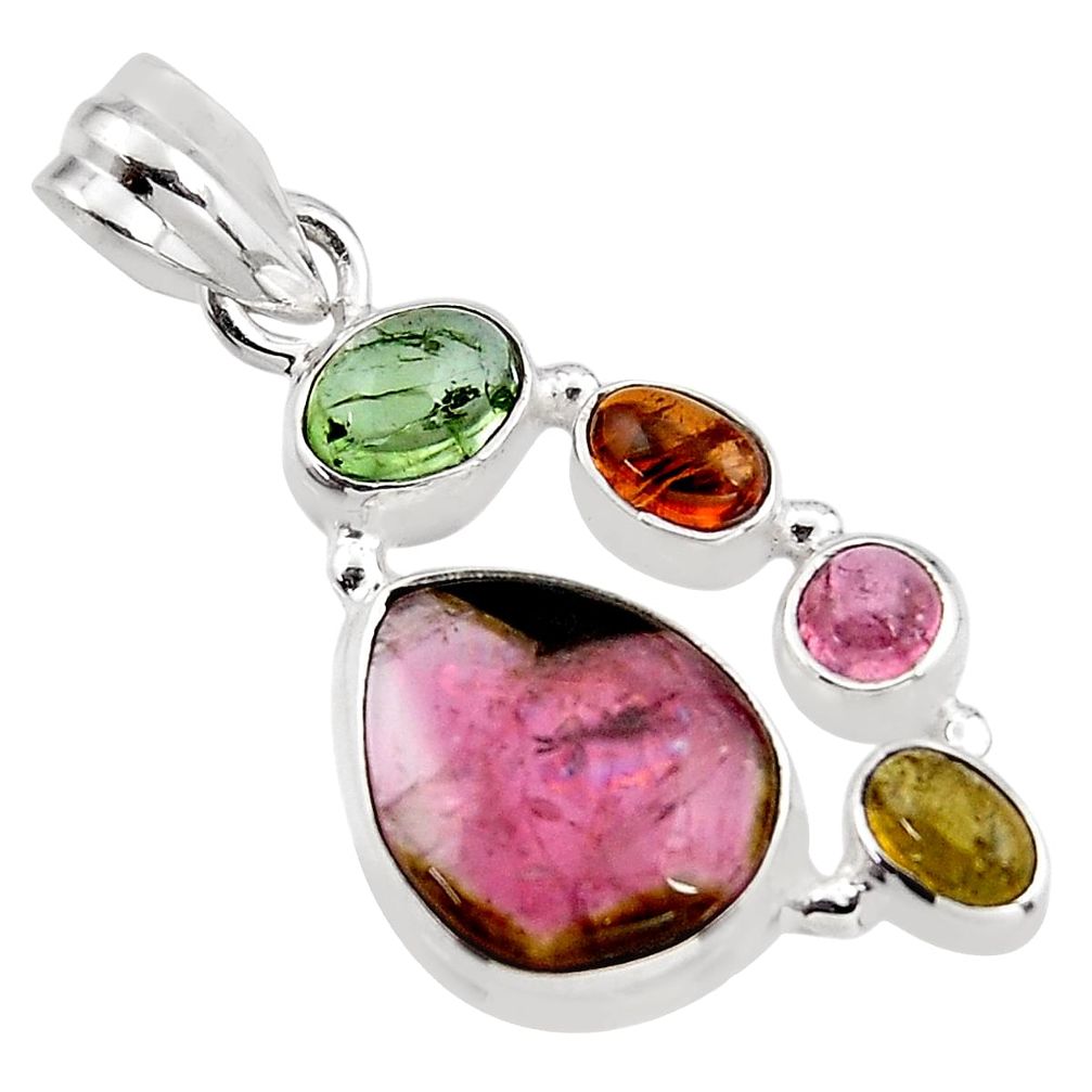 925 sterling silver 12.04cts natural multi color tourmaline fancy pendant p93668