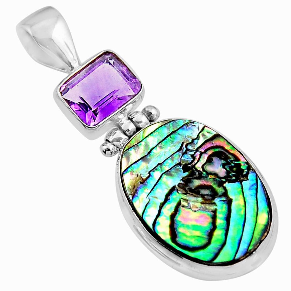 14.47cts natural green abalone paua seashell amethyst 925 silver pendant p93869