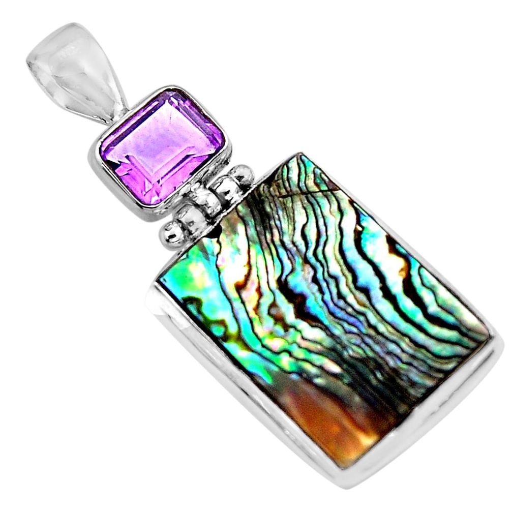 16.54cts natural green abalone paua seashell amethyst 925 silver pendant p93877