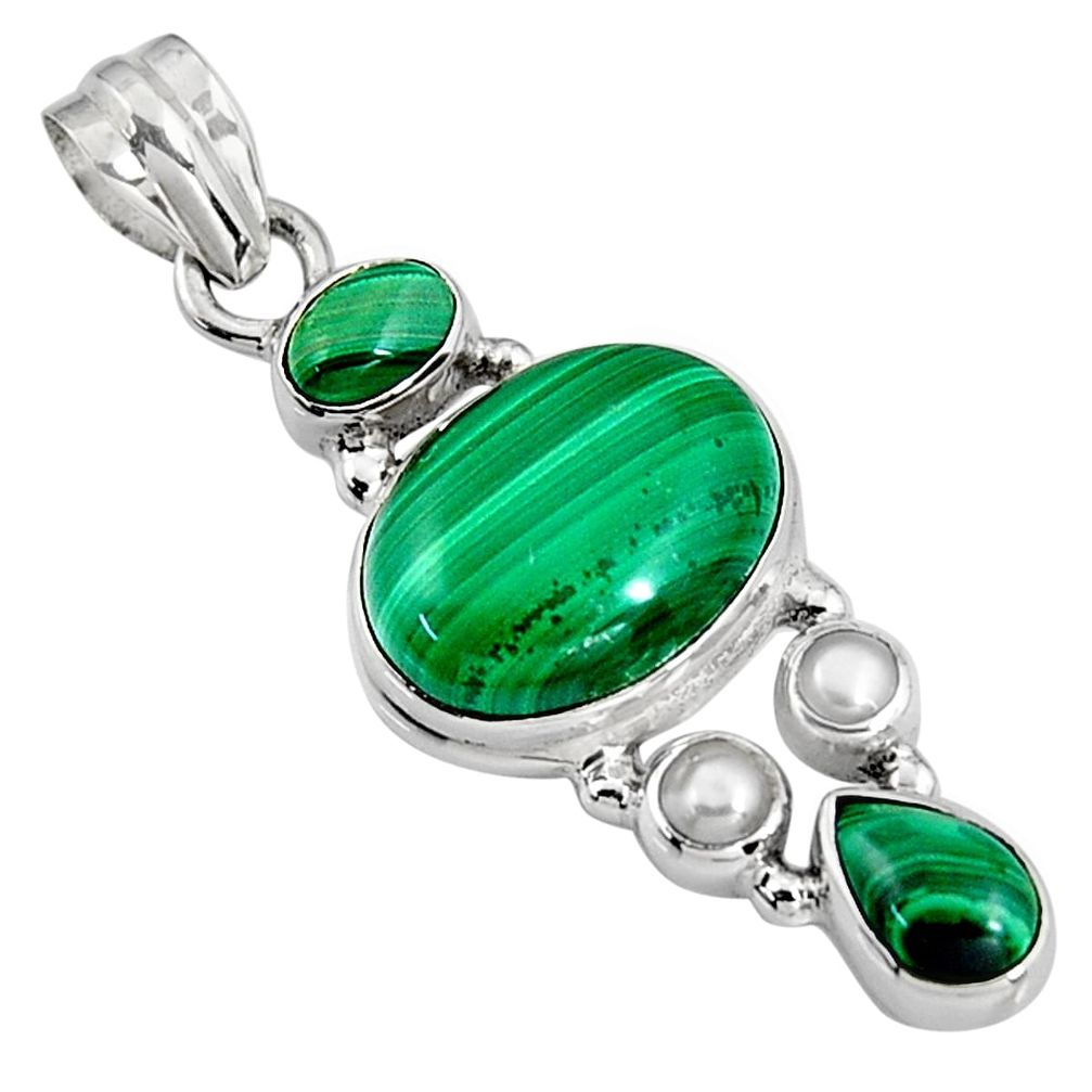 925 silver 17.81cts natural green malachite (pilot's stone) pearl pendant p94099