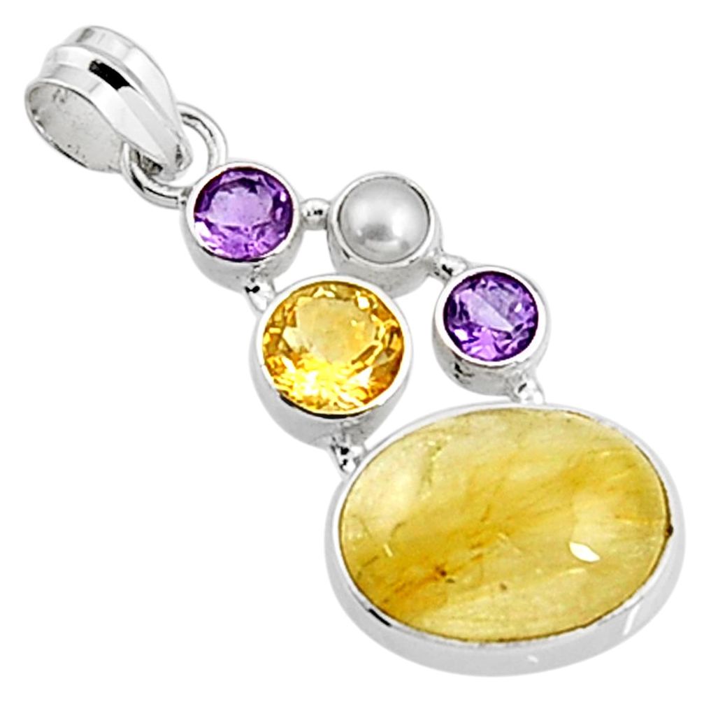 925 sterling silver 16.43cts natural golden rutile amethyst pearl pendant p94428