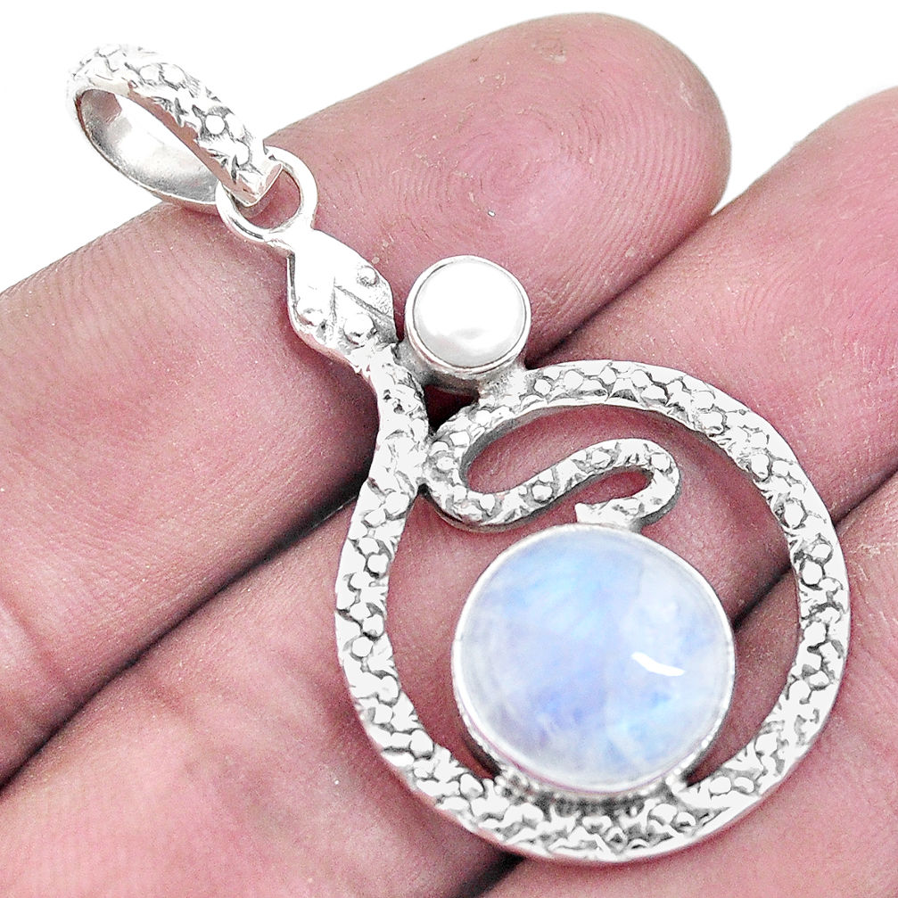 7.38cts natural rainbow moonstone pearl 925 sterling silver snake pendant p9537