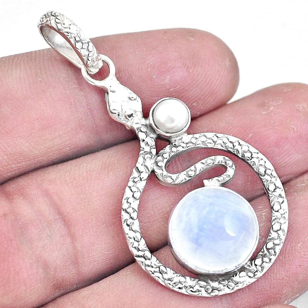 7.23cts natural rainbow moonstone pearl 925 sterling silver snake pendant p9539