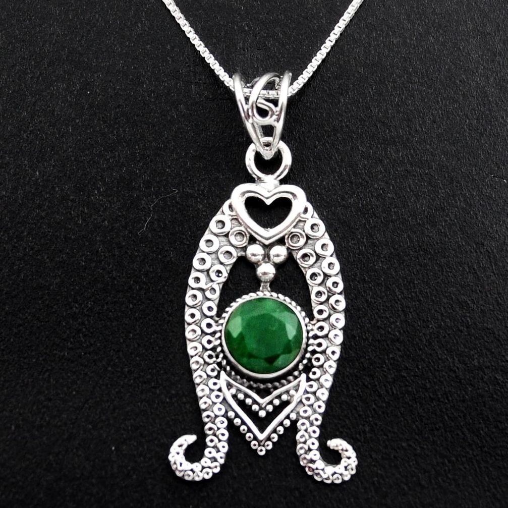 925 sterling silver 3.44cts natural green emerald round 18' chain pendant p96384