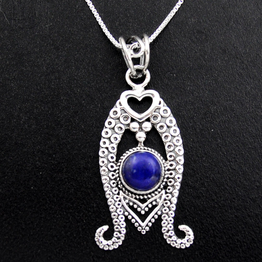 3.33cts natural blue lapis lazuli 925 sterling silver 18' chain pendant p96389