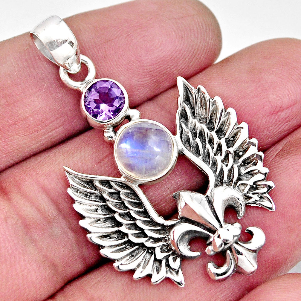 4.57cts natural rainbow moonstone amethyst 925 silver feather pendant p96502