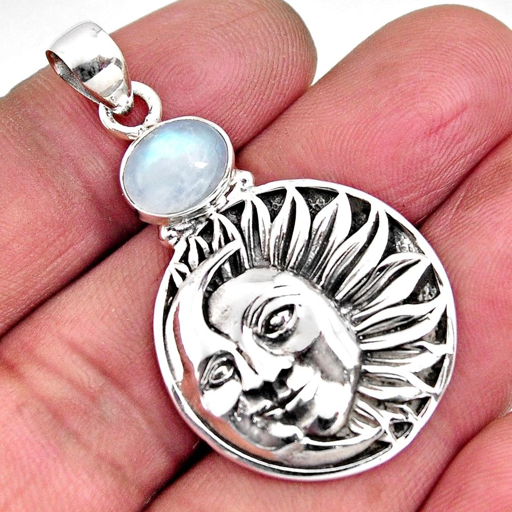 3.08cts natural rainbow moonstone 925 silver crescent moon star pendant p96508