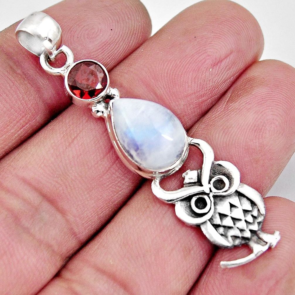 925 sterling silver 6.02cts natural rainbow moonstone garnet owl pendant p96552