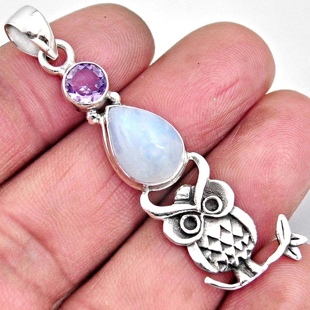 6.30cts natural rainbow moonstone amethyst 925 silver owl pendant p96554