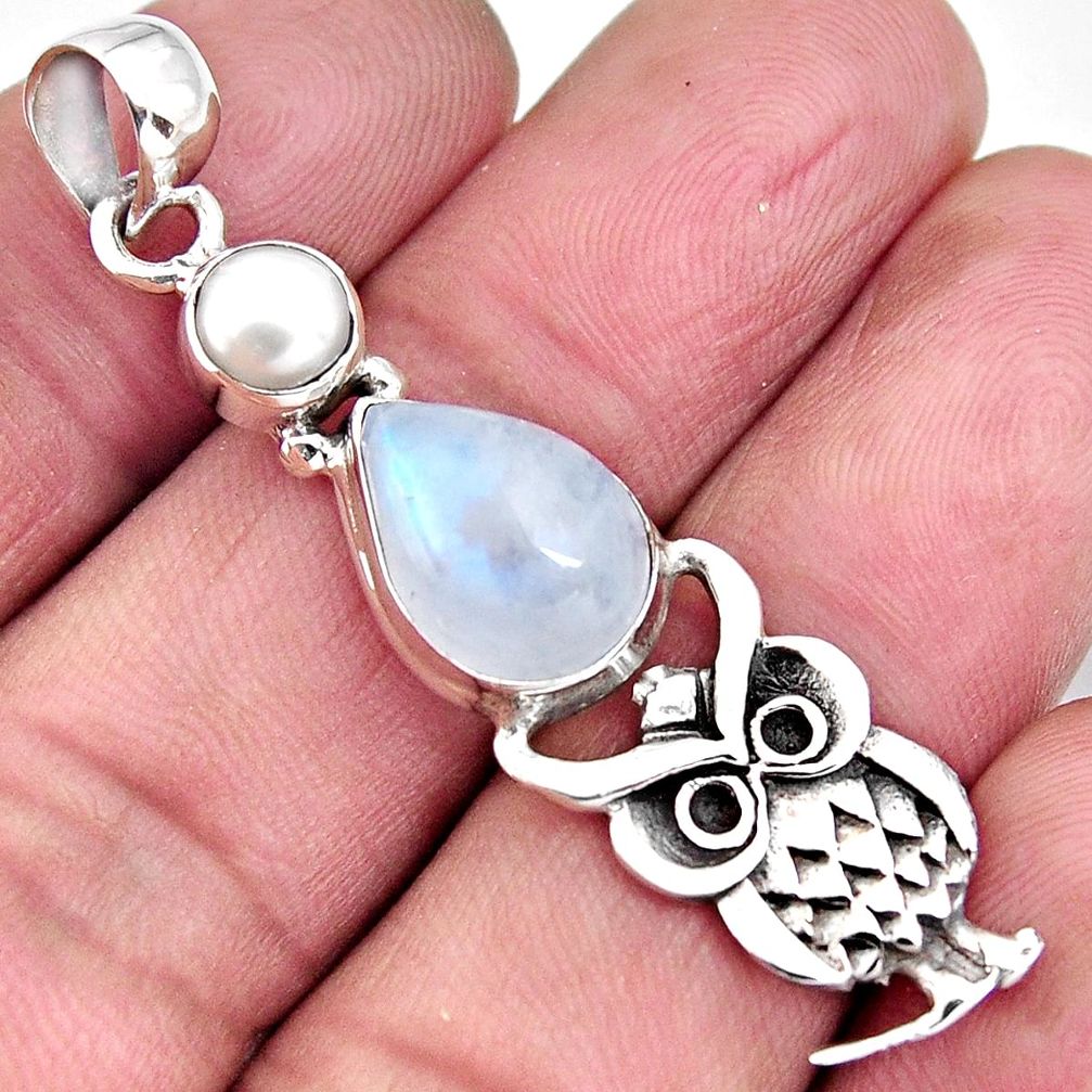 925 sterling silver 6.02cts natural rainbow moonstone pearl owl pendant p96556