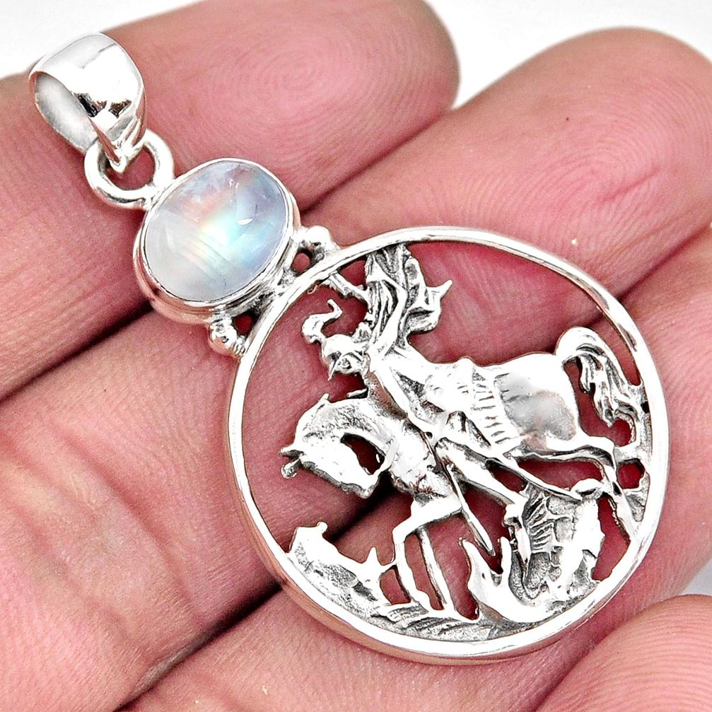 3.41cts natural rainbow moonstone 925 sterling silver horse pendant p96558
