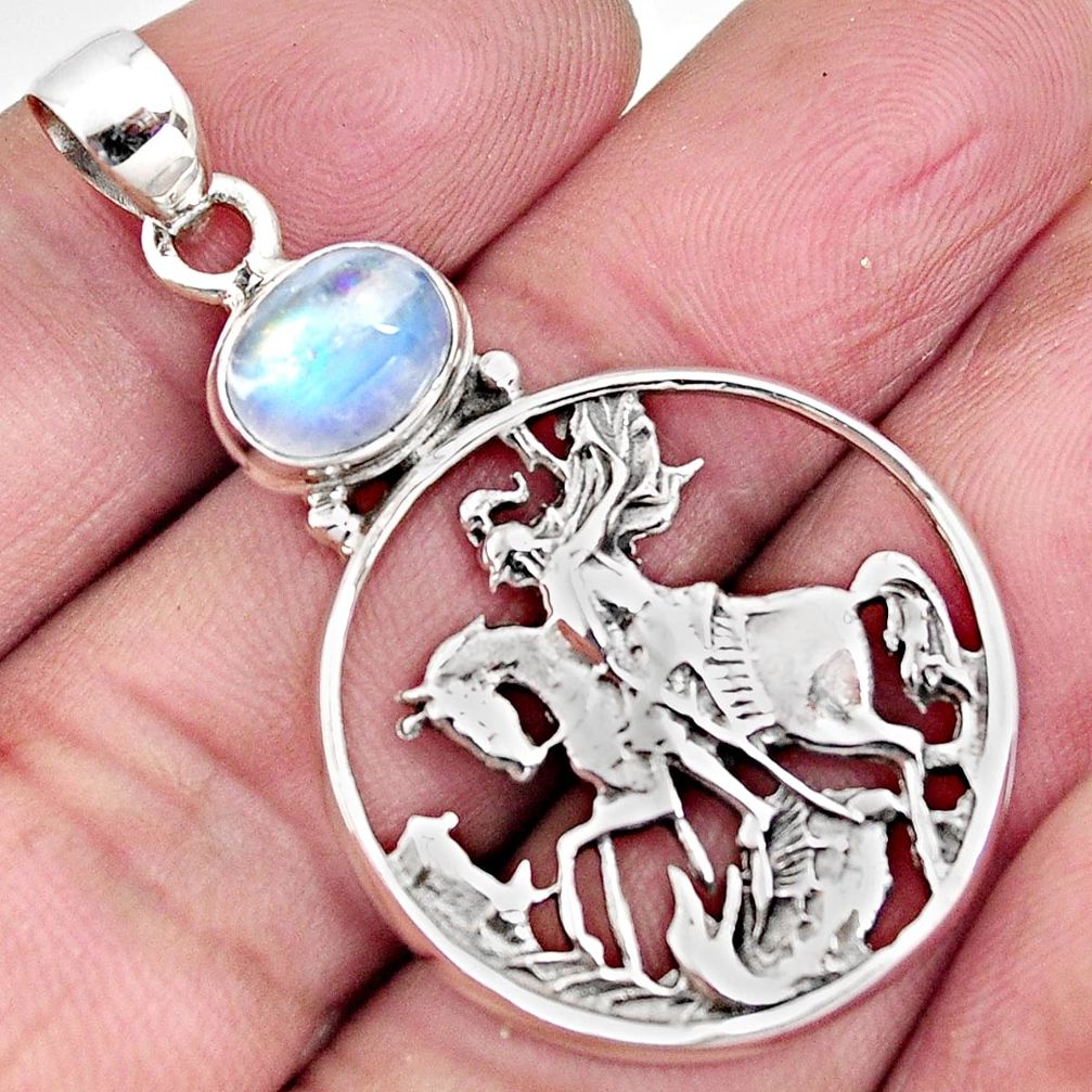 3.39cts natural rainbow moonstone 925 sterling silver horse pendant p96559