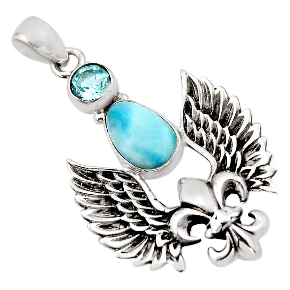 4.01cts natural blue larimar topaz 925 sterling silver feather pendant p96581