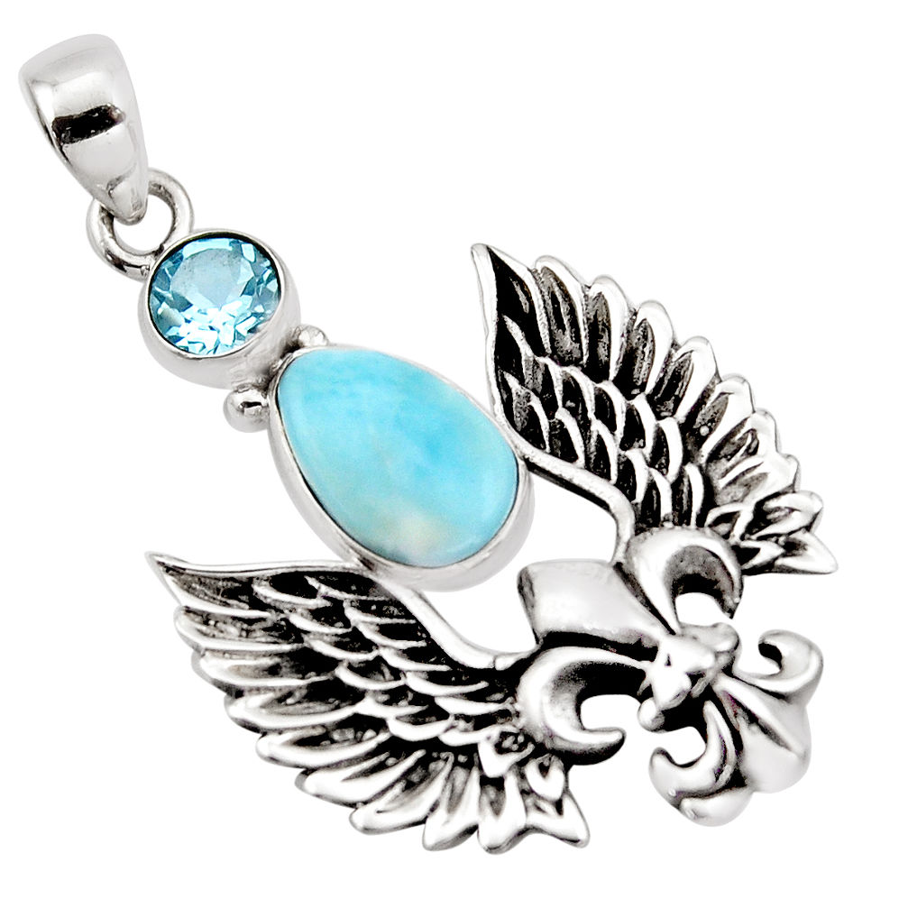 3.94cts natural blue larimar topaz 925 sterling silver feather pendant p96583