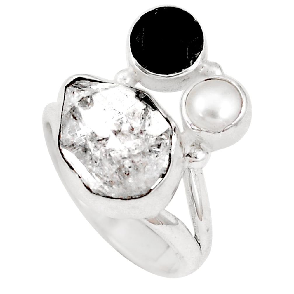 Natural white herkimer diamond onyx pearl silver solitaire ring size 6 p10451