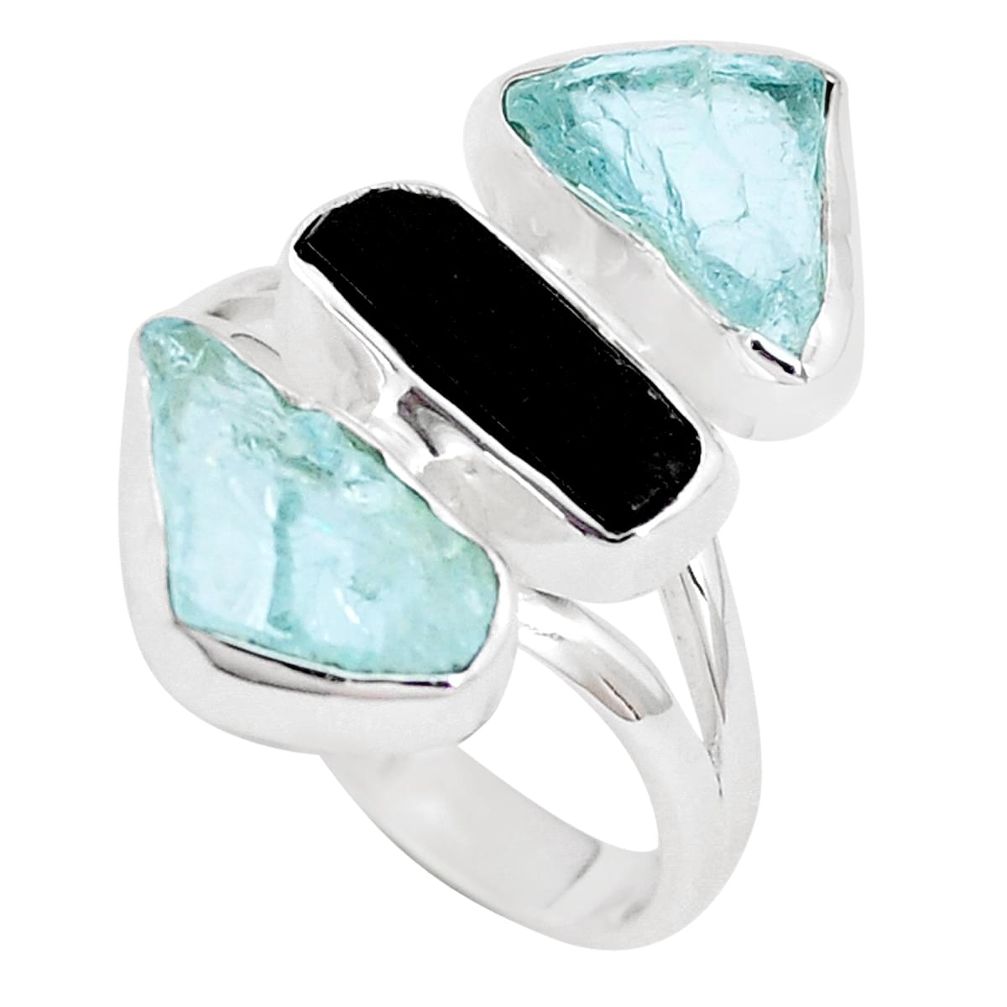 Natural aqua aquamarine rough tourmaline rough 925 silver ring size 9 p10465