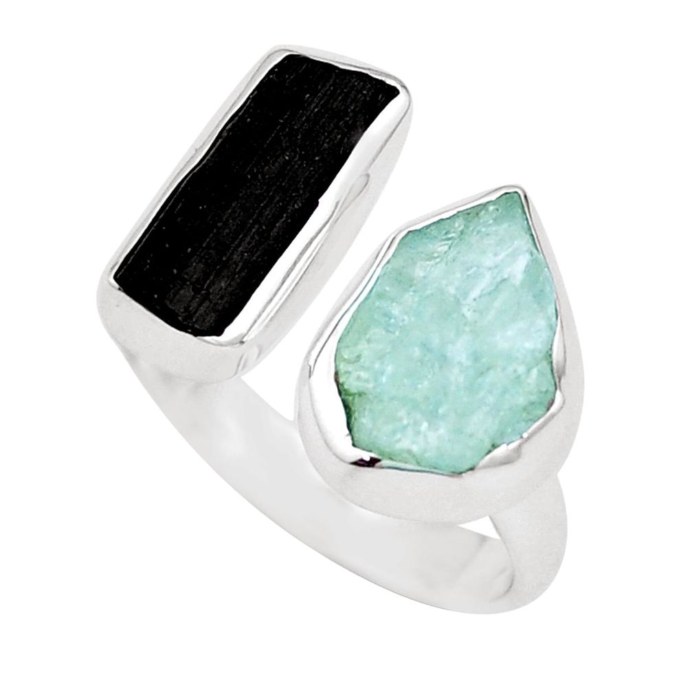 Natural aquamarine rough tourmaline rough silver adjustable ring size 8 p10466