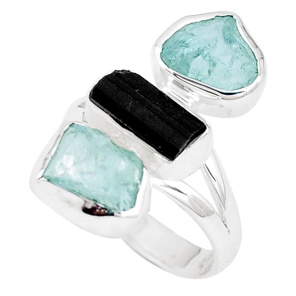 Natural aqua aquamarine rough tourmaline rough 925 silver ring size 8 p10471