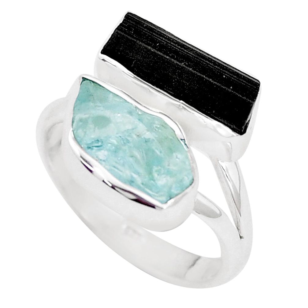 Natural aqua aquamarine rough tourmaline rough 925 silver ring size 8 p10472