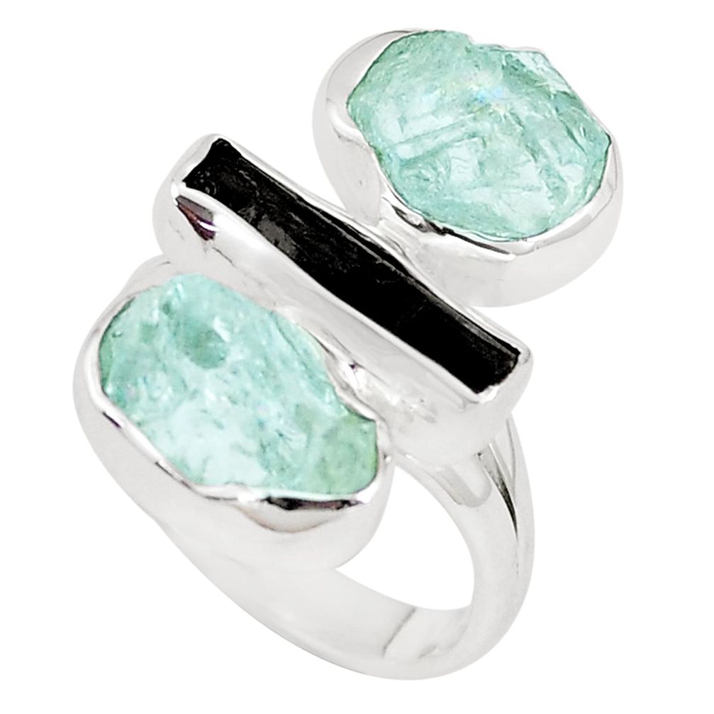 Natural aqua aquamarine rough tourmaline rough 925 silver ring size 6 p10475