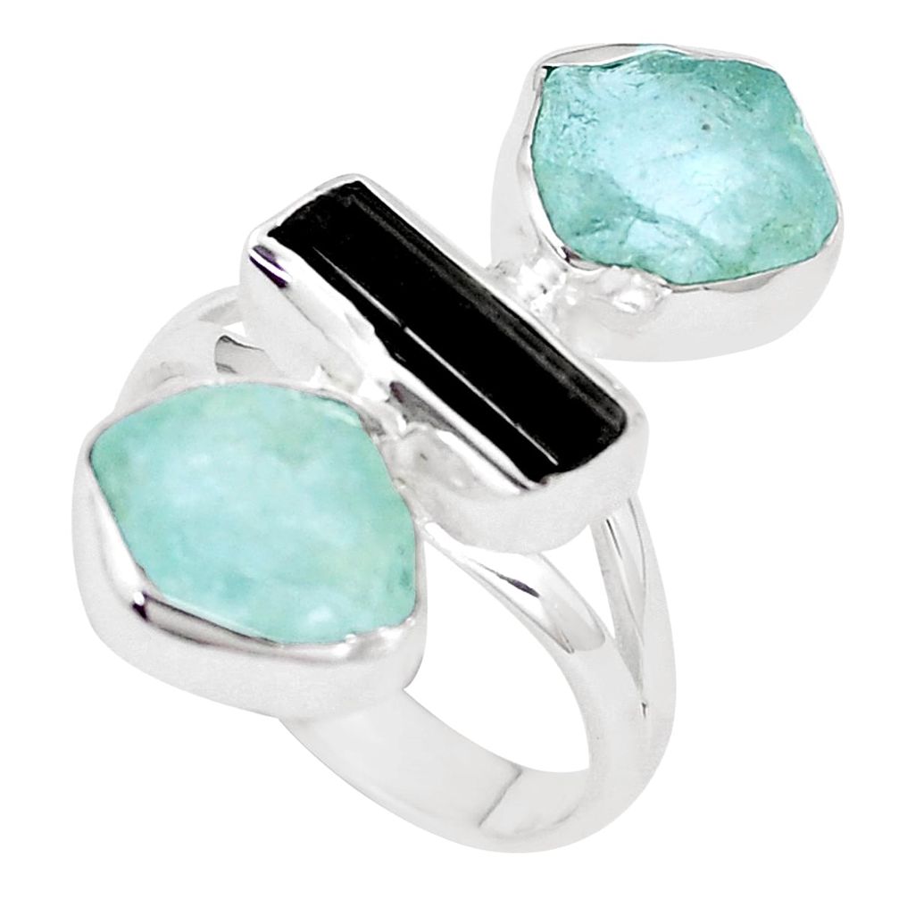 Natural aqua aquamarine rough tourmaline rough 925 silver ring size 8 p10477