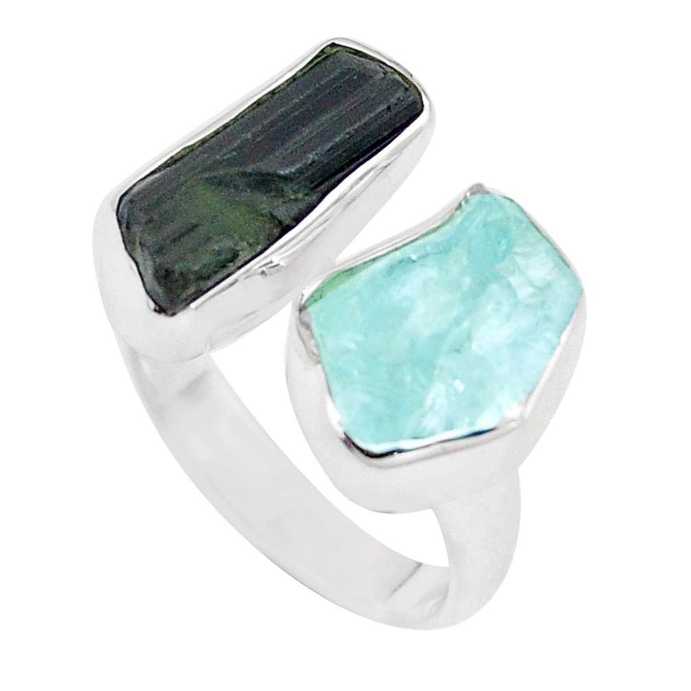 Natural aquamarine rough tourmaline rough silver adjustable ring size 6.5 p10478