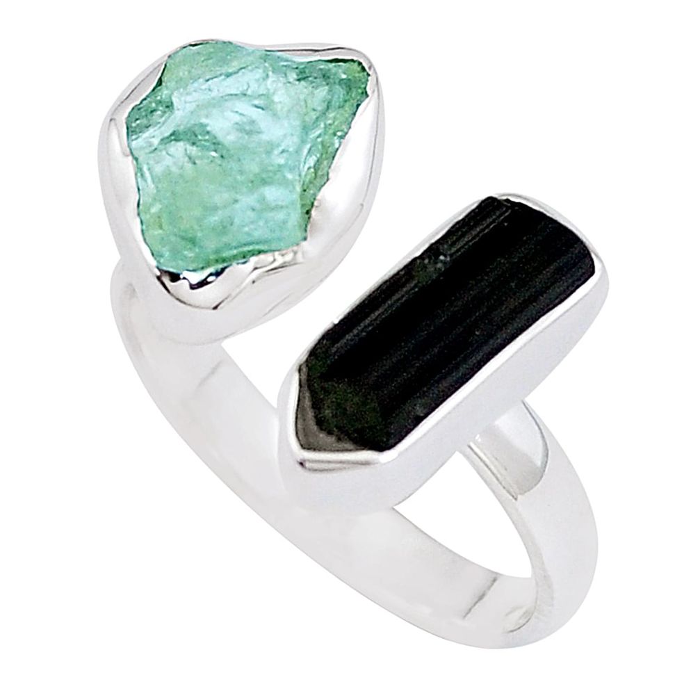 Natural aqua aquamarine rough tourmaline rough 925 silver ring size 9.5 p10479