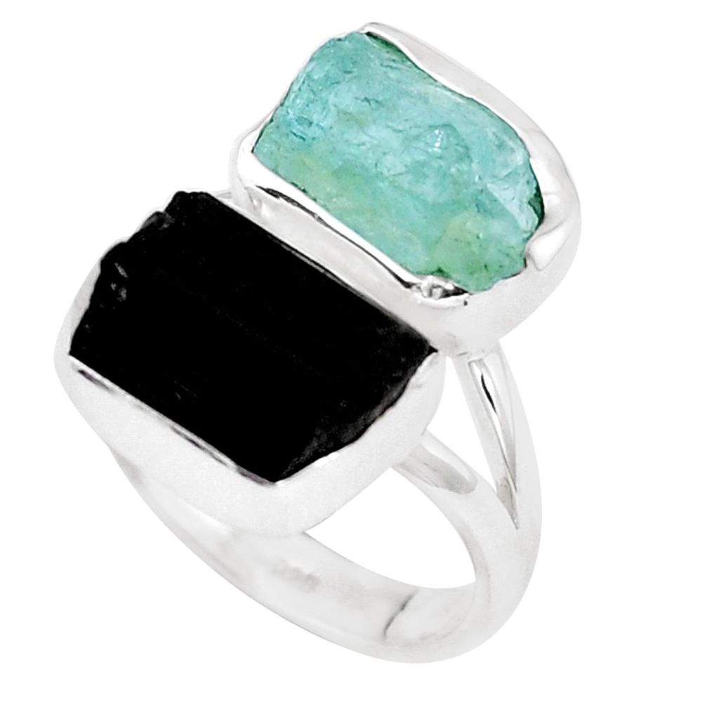 925 silver natural aqua aquamarine rough tourmaline rough ring size 7 p10480