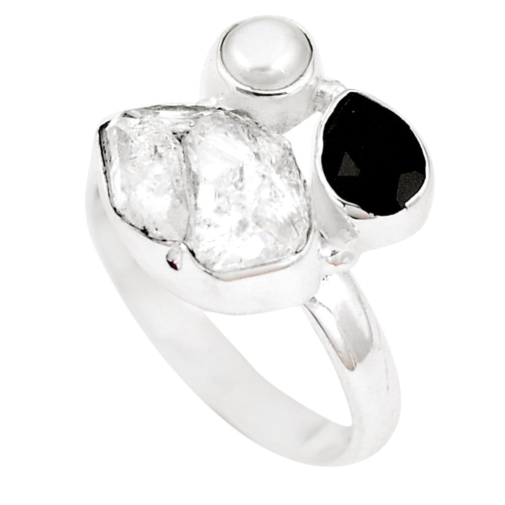 8.03cts natural white herkimer diamond onyx 925 silver ring size 9.5 p10484