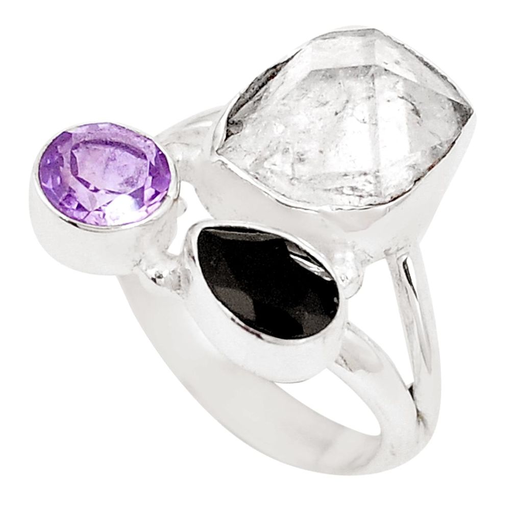 Natural white herkimer diamond onyx amethyst 925 silver ring size 7 p10487