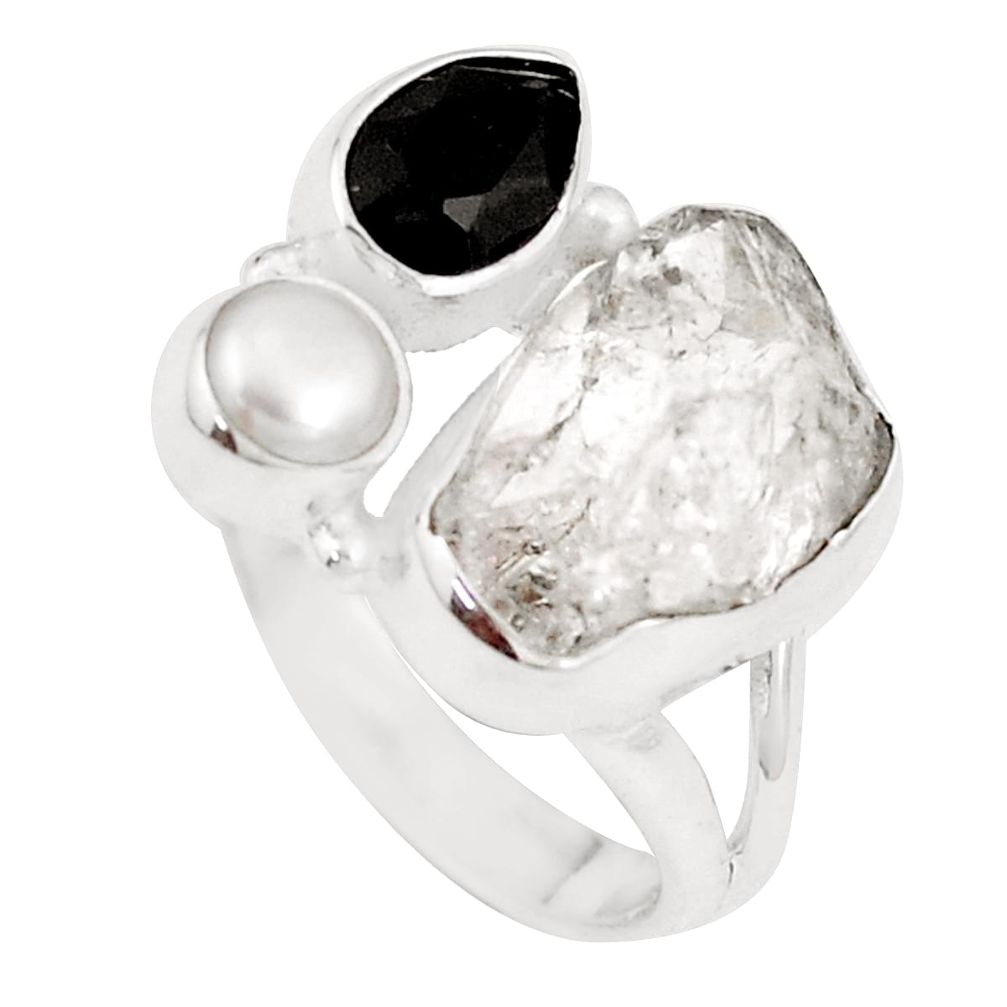 7.89cts natural white herkimer diamond onyx pearl silver ring size 6.5 p10492