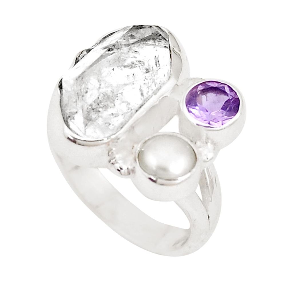 925 silver natural white herkimer diamond amethyst pearl ring size 6.5 p10494