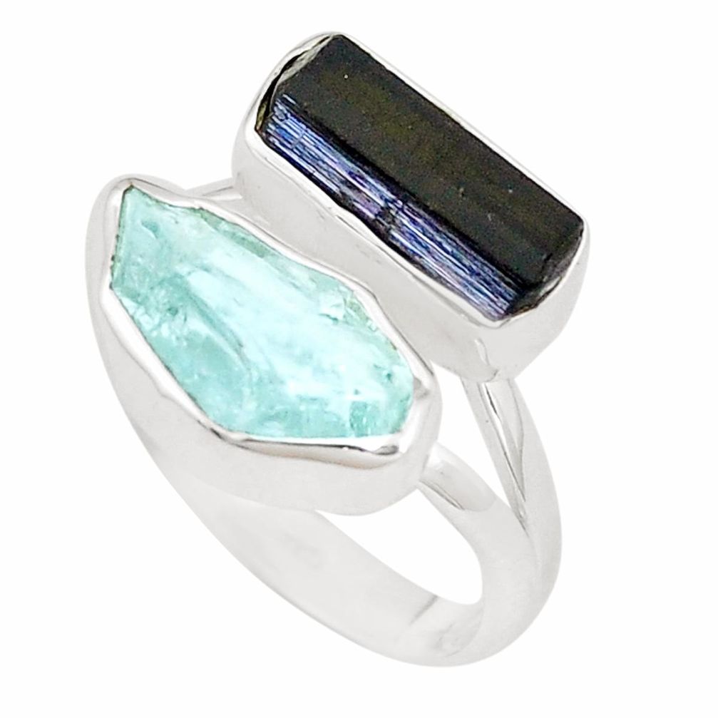 925 silver natural aqua aquamarine rough tourmaline rough ring size 7.5 p10496