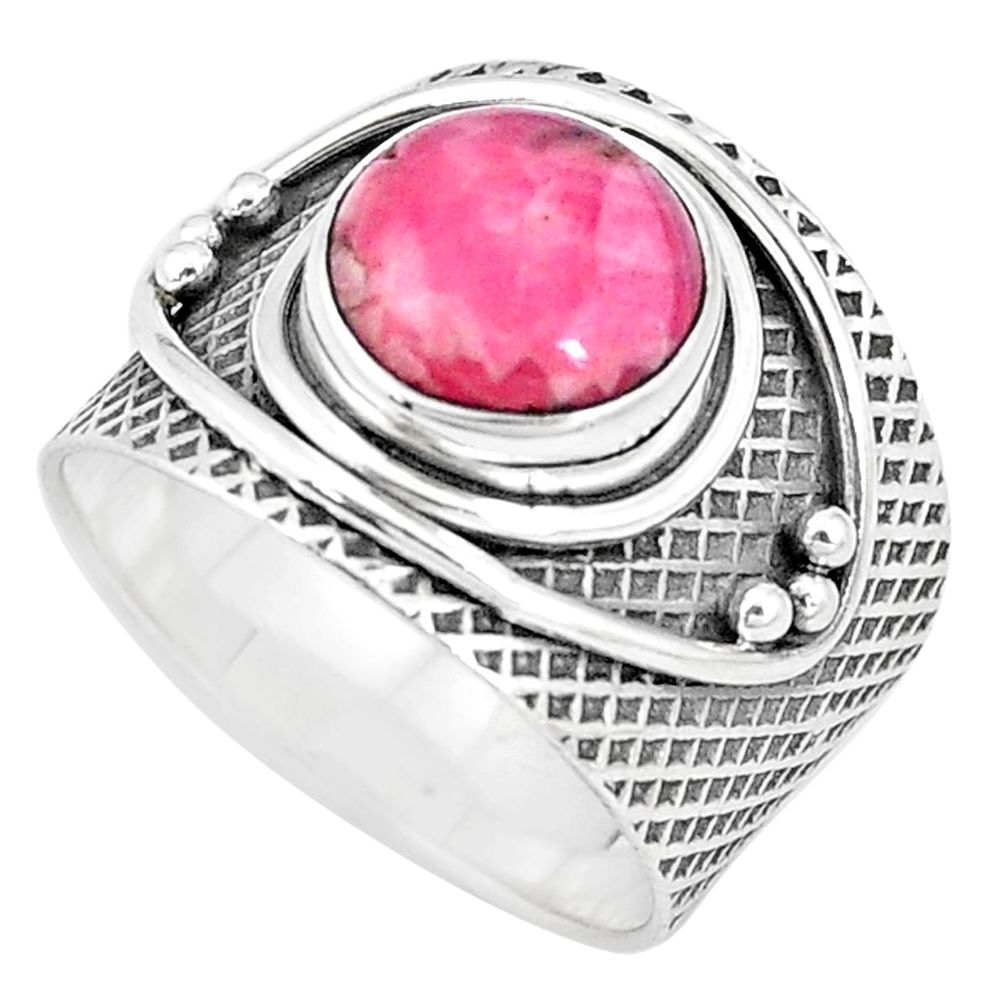Natural pink rhodochrosite inca rose 925 silver solitaire ring size 7 p10644