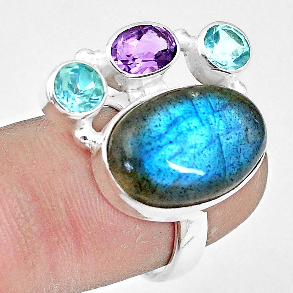 11.95cts natural blue labradorite amethyst topaz 925 silver ring size 6.5 p10917