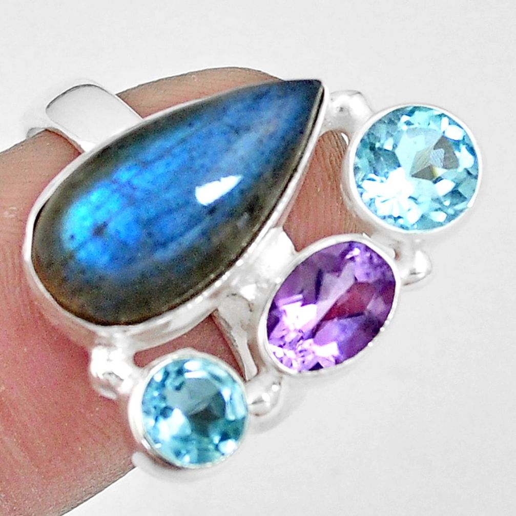 925 silver 11.58cts natural blue labradorite amethyst topaz ring size 8 p10924