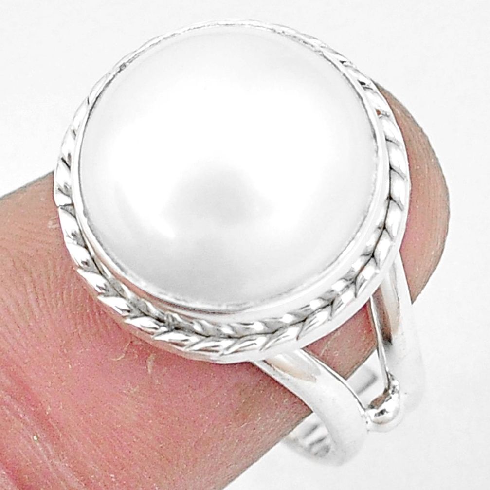 925 silver 11.37cts natural white pearl round solitaire ring size 8 p10950