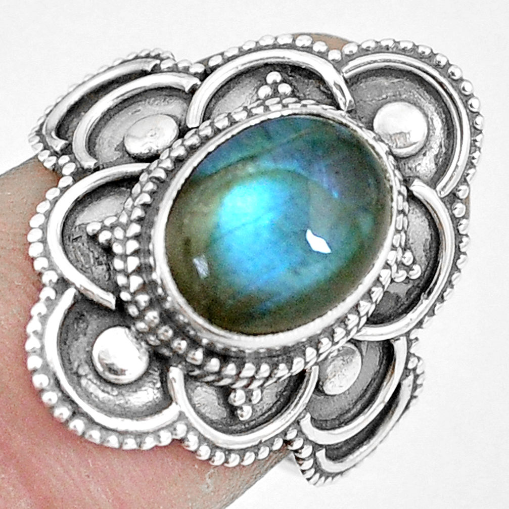 925 silver 4.46cts natural blue labradorite oval solitaire ring size 7.5 p11112